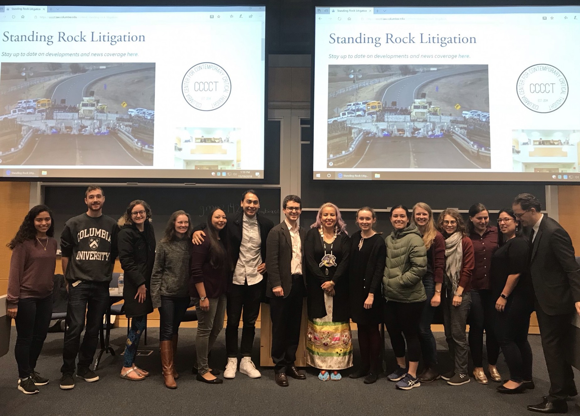 Speakers on the Standing Rock Litigation Panel Julian Brave Noisecat and Wasté Win Young with the law students from Native American Law Students Association. Students and speakers