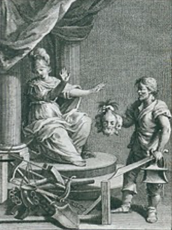 “The frontispiece to the third edition of Dei Delitti e delle pene, published in 1765, illustrated one of the most important objectives of Beccaria’s treatise: to replace executions with incarceration and hard labor. A copperplate engraving based on a sketch Beccaria provided, the frontispiece depicts an idealized figure, Justice, shunning an executioner who is carrying a sword and axe in his right hand and who is trying to hand Justice a cluster of several [chopped human] heads with his outstretched left h